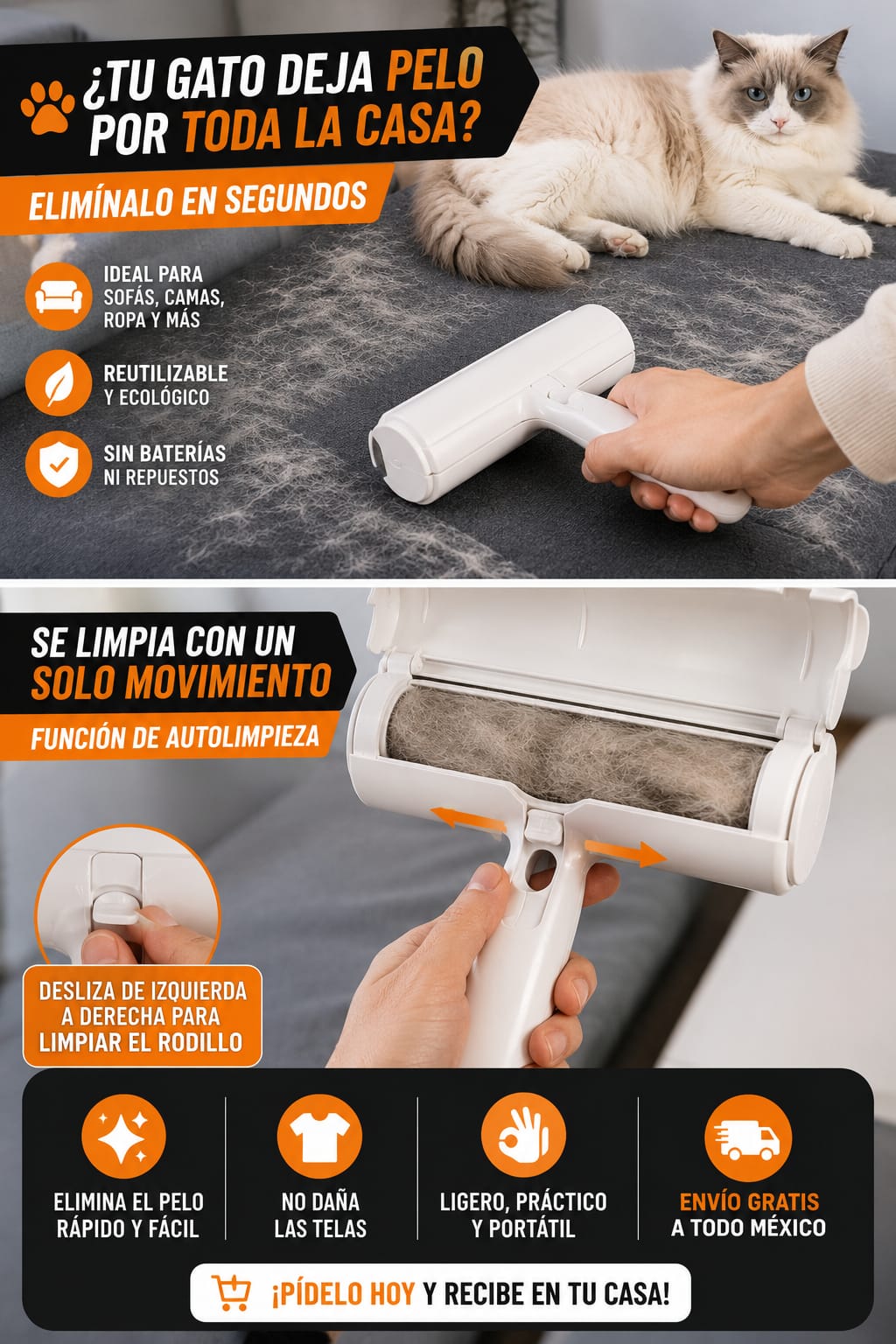 Rodillo Quitapelos Reutilizable para Perros y Gatos